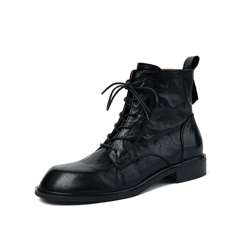 Botas de couro genuíno para mulheres, botas de tornozelo redondas, calcanhar robusto, lace-up, salto baixo, novo, outono