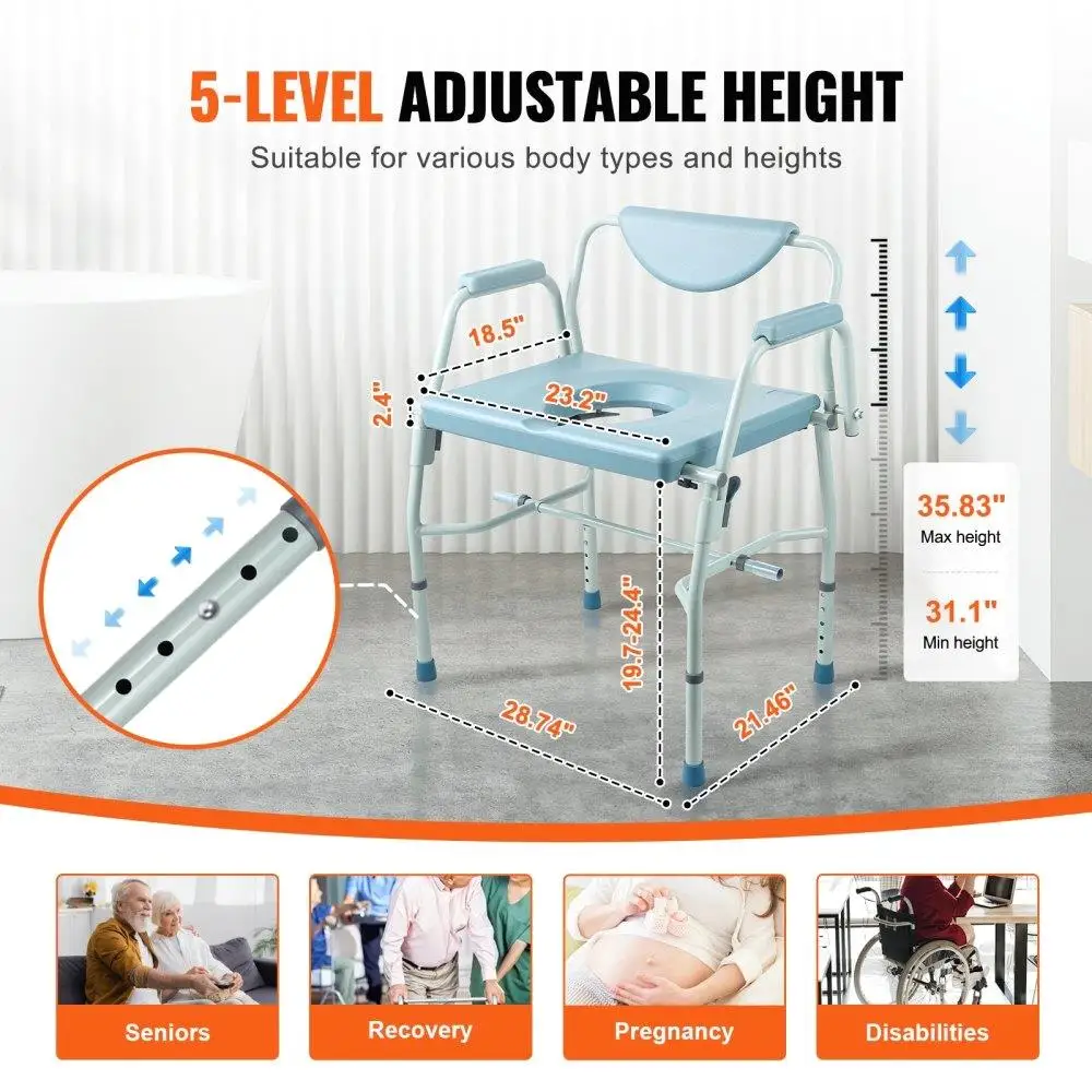 Portable Commode Chair with Drop-Down Arms and Detachable Backrest 5-Level Adjustable Height 7L Removable Bucket Easy Assembly