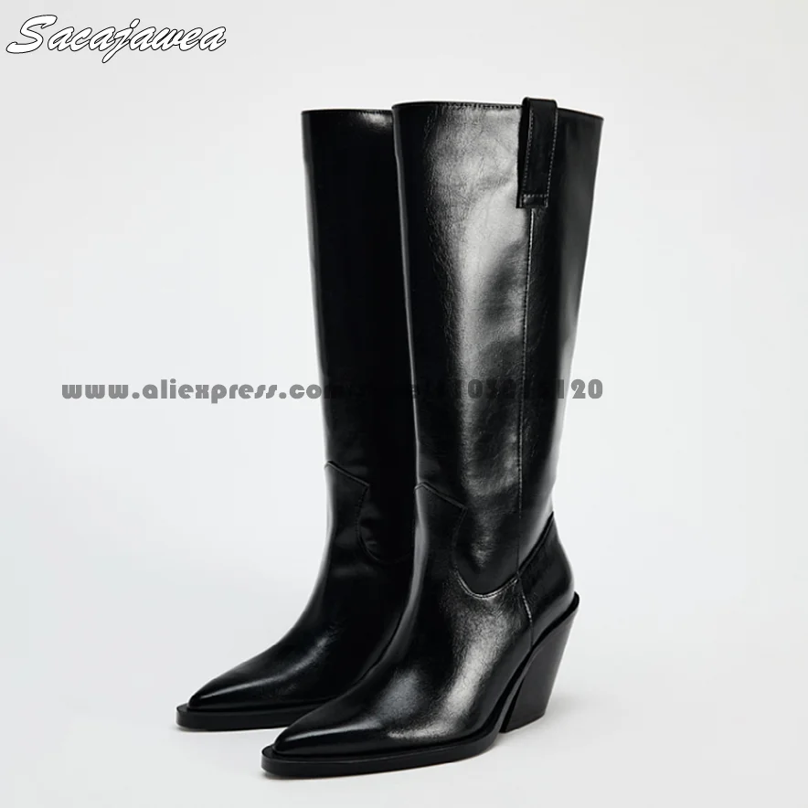 

Cow Split Leather Black Chunky Heel Knee High Modren Boots Autumn New Fashion Casual Modren Boots Pointed Toe Sexy Lady Boots