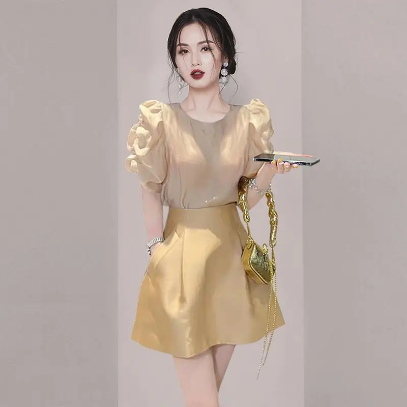 

Новый французский ретро-комплект из 2 предметов для женщин: блузка с пышными рукавами и круглым вырезом + юбка А-силуэта с высокой талией, элегантный офисный костюм для леди