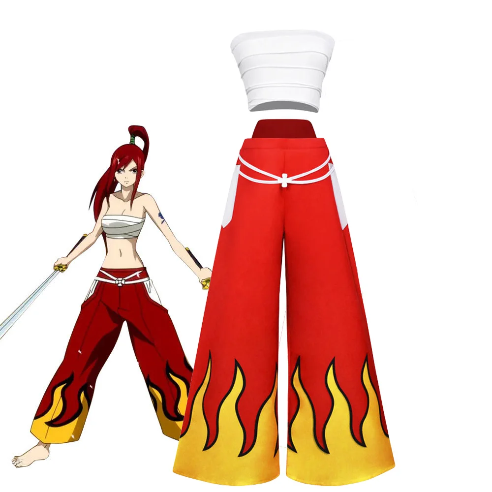 Anime Erza Scarlet Cosplay Weiße Röhrenoberteile Rote Hosen Cooles Set Halloween-Kostüme für Frauen Mode Sexy Kleidung