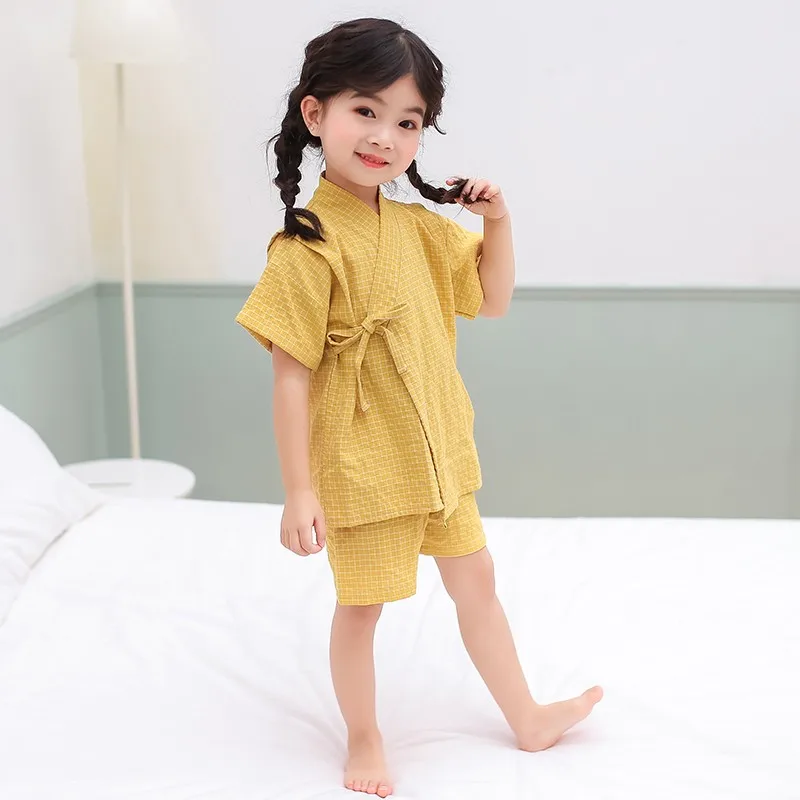 Children\'s Pajamas Summer Plaid Household Clothes Boys And Girls Japanese Kimono Pajamas Solid Cotton Japanese  Sleepwear LE572