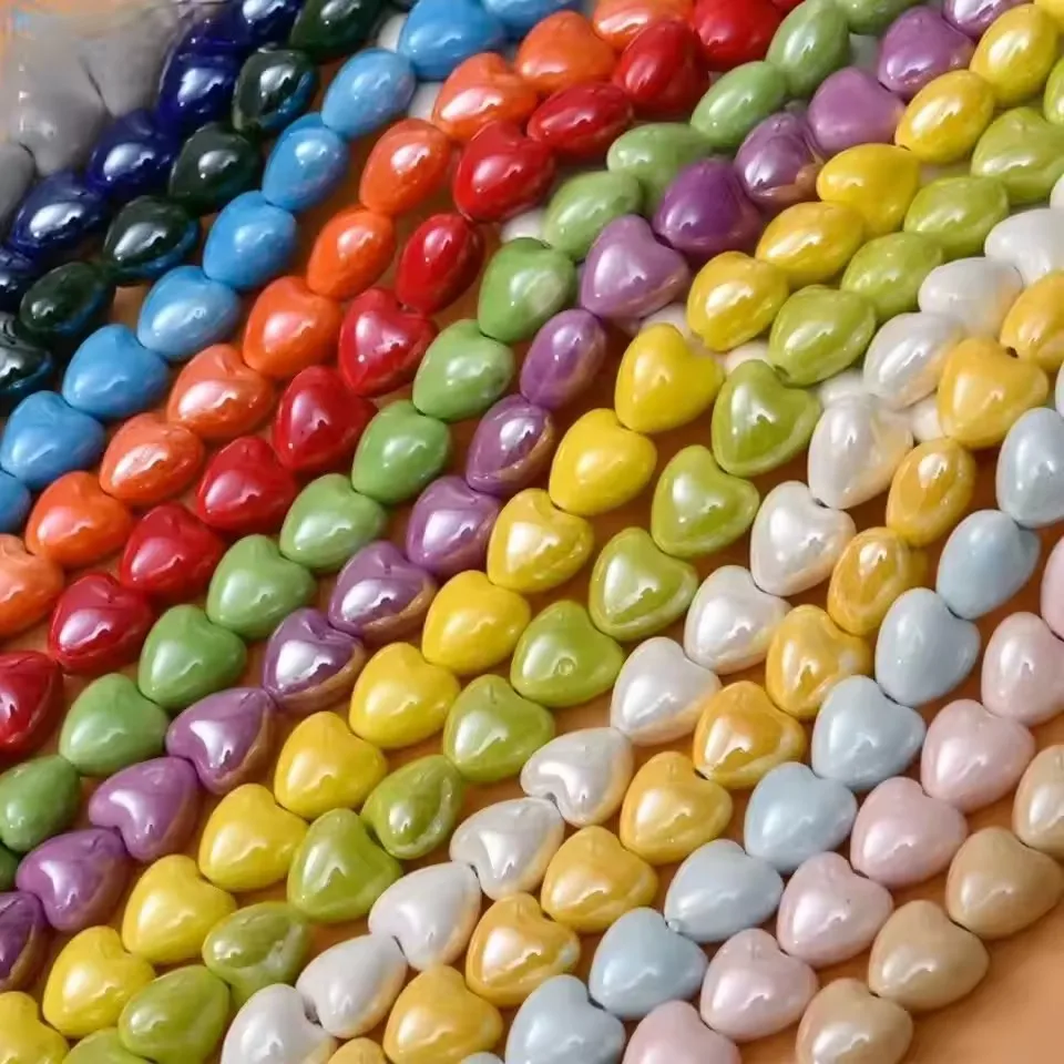 10pcs 12mm Heart Shape Shiny Glossy Ceramic Beads Loose Spacer Porcelain Beads for Jewelry Making DIY Bracelet Necklace Crafts