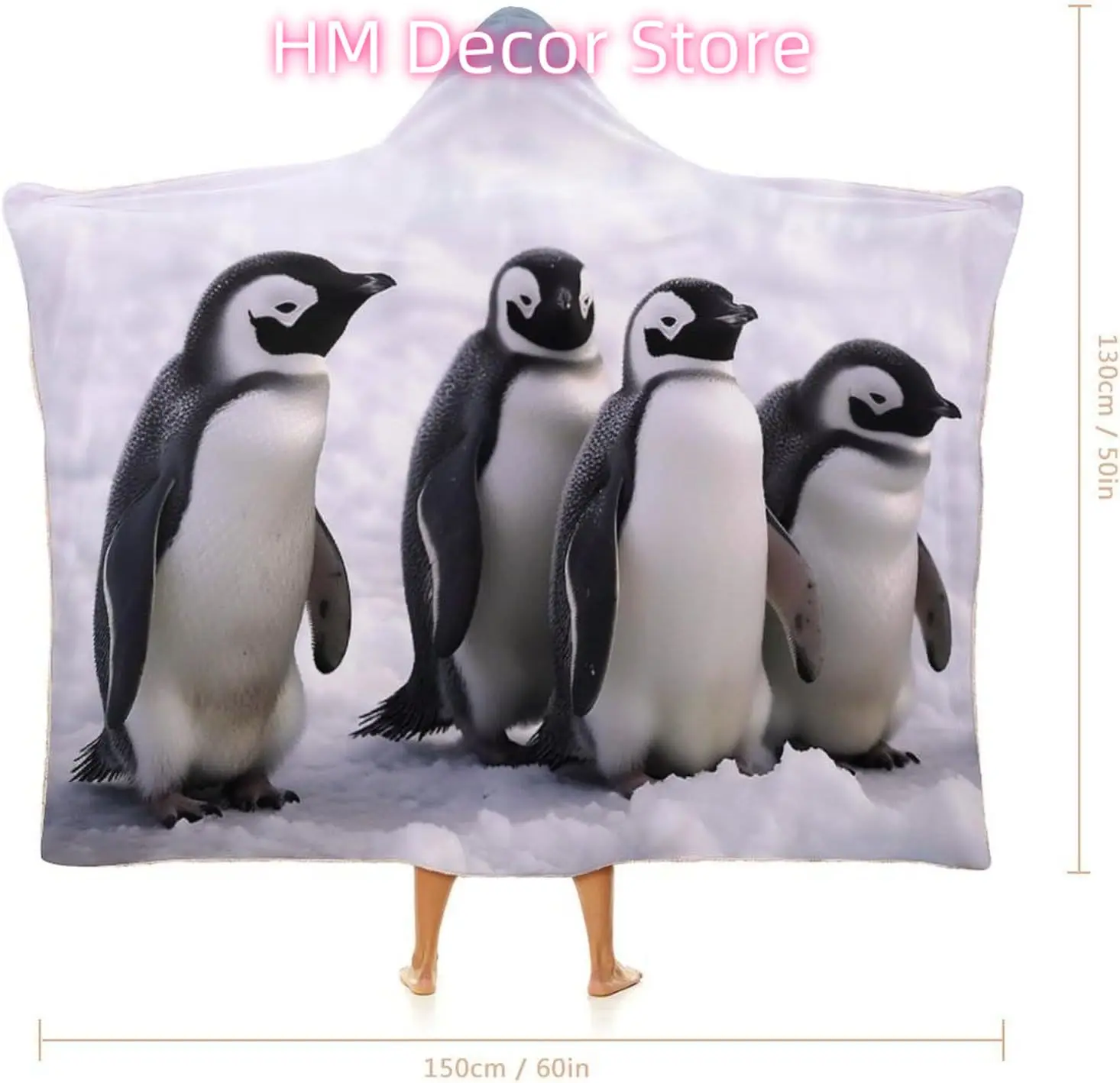 Penguins With Snow Wearable Hooded Blanket, Ultra Soft Arctic Velvet Cape Cloak Unisex - Cozy Wearable Blanket