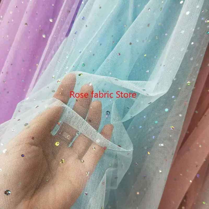 Tela de encaje de lentejuelas plateadas, 12 colores, tul de malla suave con lentejuelas para vestido de novia, vestido de niña, vestido tutú de 51 "ancho y 1 metro