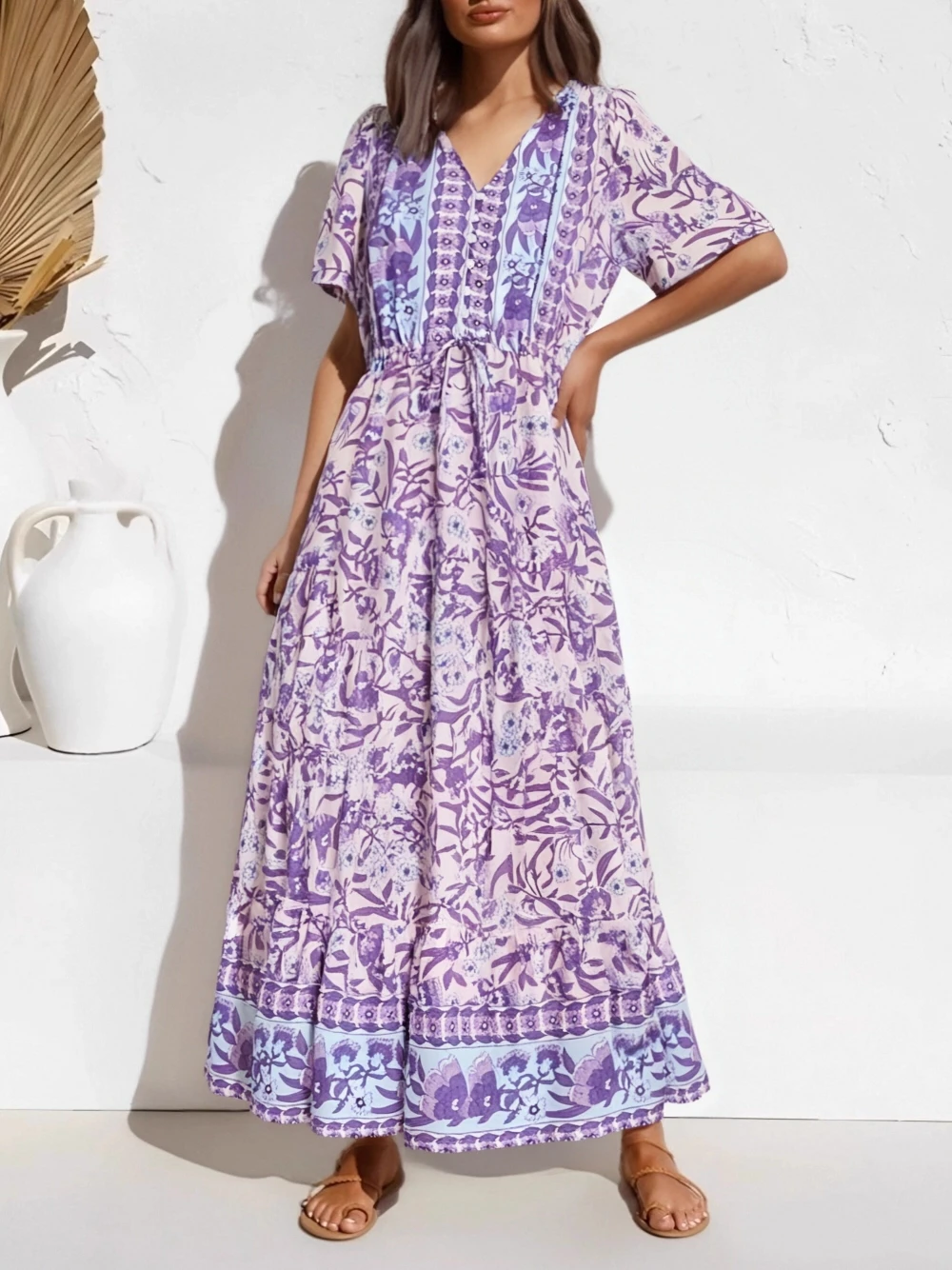 Happie Queens Women Purple Floral Print Button V-neck Beach Bohemian Maxi Dresses Ladies Rayon Pleated Boho Dress Vestidos