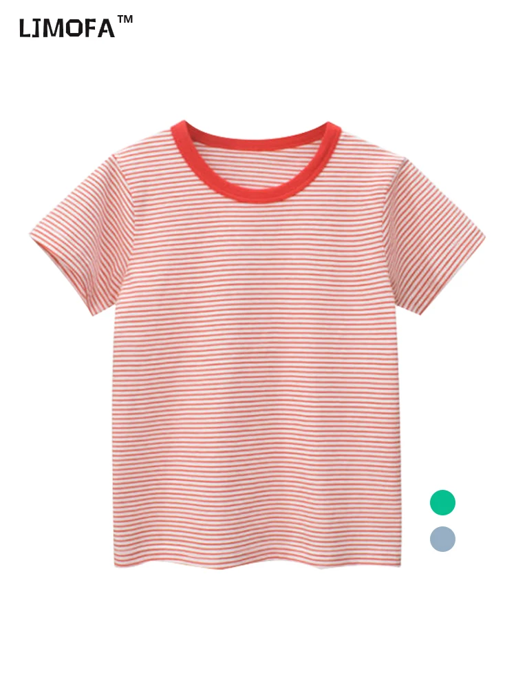 LJMOFA Children Short-Sleeved Boys Girls 2024 Summer Striped T-Shirt Baby Thin Section Half-Sleeved Casual Bottoming Shirt D198