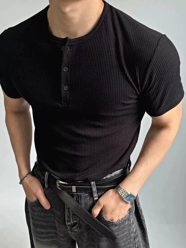 American Style Hard Man Flannel Henry Shirt Muscle Men Half Open Button Short Sleeve round Neck T-Shirt Casual Workwear Paul ...