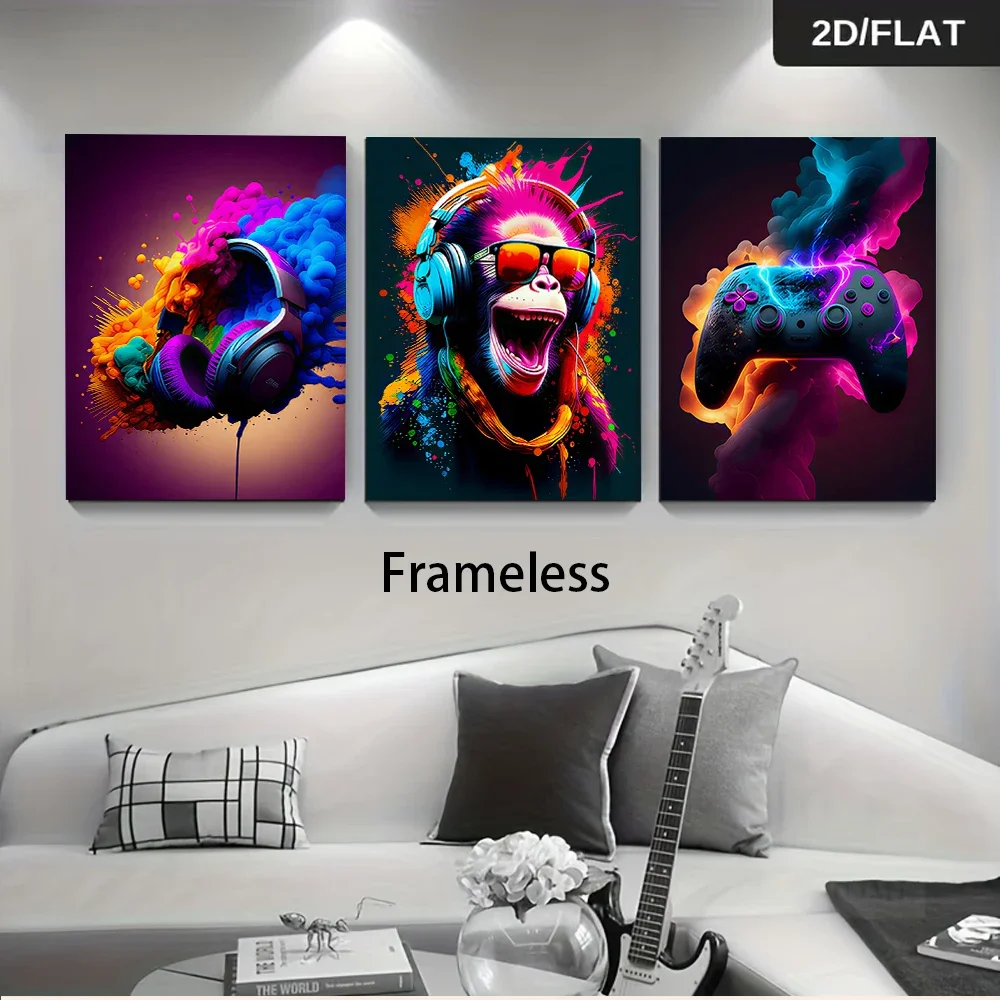 Multiple sizes 3pc frameless Canvas Painting three frameless paintings in a modern art style, featuring a trendy gorilla headset