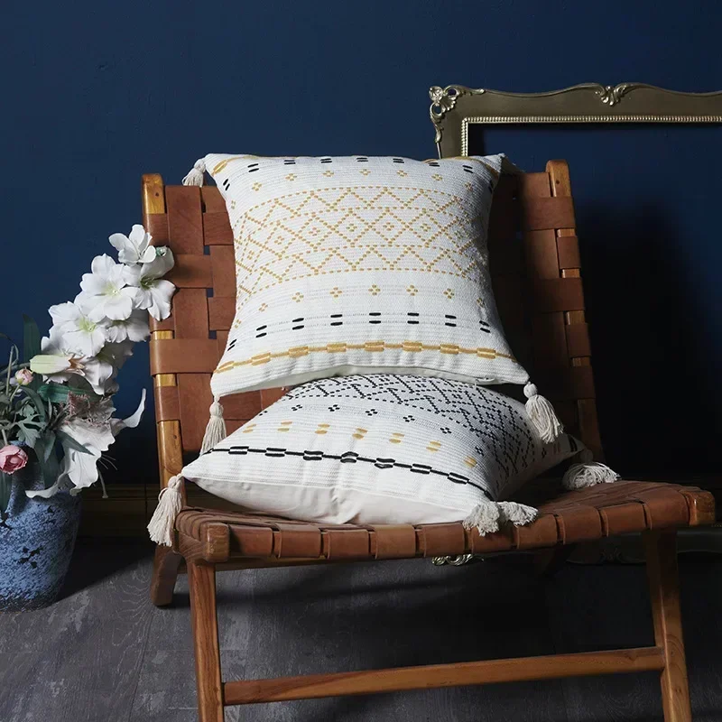 Square Diamond Shaped Sofa Minimalist Style Woven Jacquard Cotton Canvas Tassel Style Pillow Cover Cojines Sofa Cushion Cover