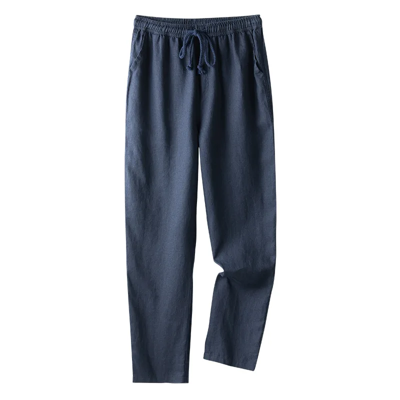 

Japanese style fresh straight elastic waist drawstring linen casual pants men's loose skinny cotton and linen trousers