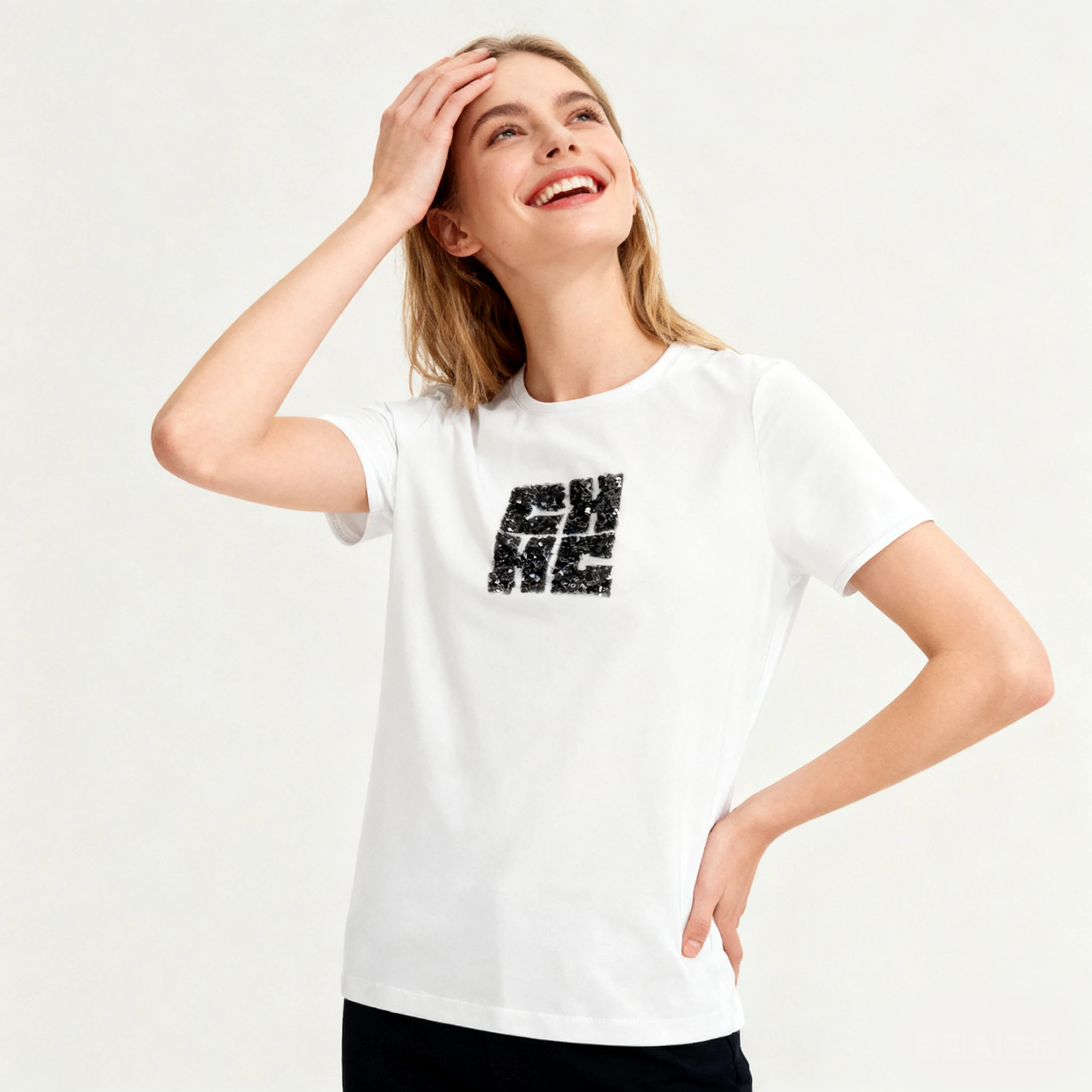 CHCH المرأة قصيرة الأكمام لؤلؤة التطريز تصميم عصري كلاسيكي أنثى قصيرة الأكمام مريحة عارضة السيدات قصيرة الأكمام