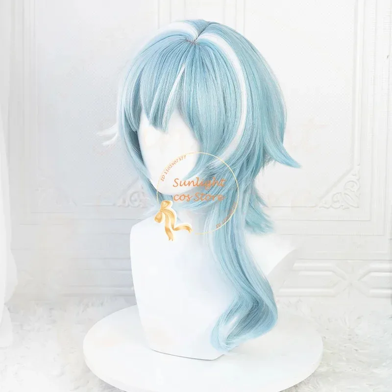 Peluca de Cosplay Eula, peluca blanca azul de 48cm, pelo sintético resistente al calor, pelucas de Anime + gorro de peluca
