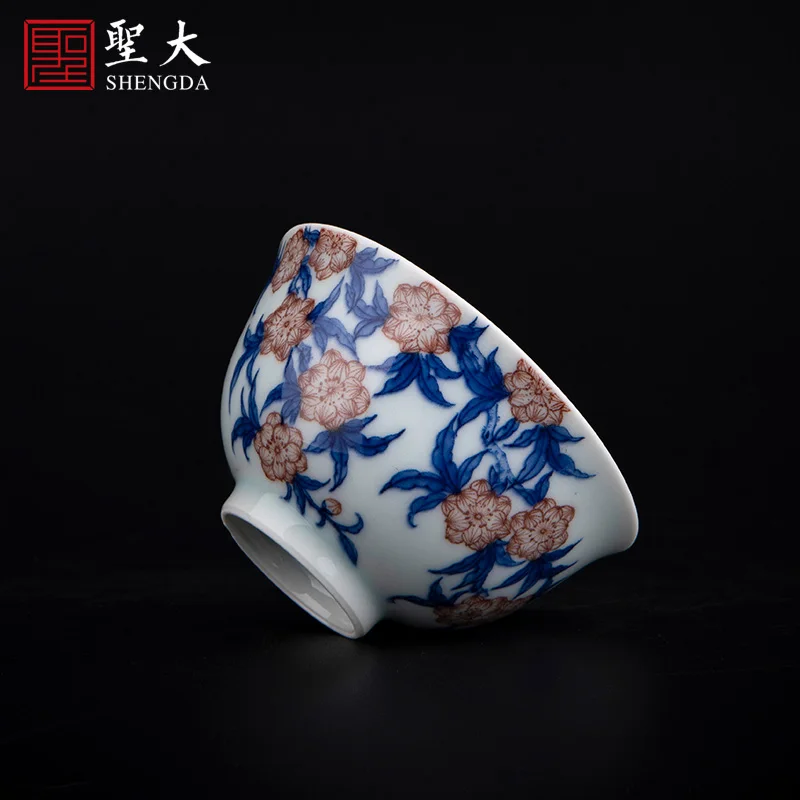 |Shengda ceramic tea cup pure hand-painted Jingdezhen blue and white red peach pattern master cup Kung Fu tea cup