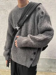 Gray Hollow out American Retro Deconstructed Knitwear Jacket Lazy Street Style Vintage Men's Long Sleeve round Neck Sweater