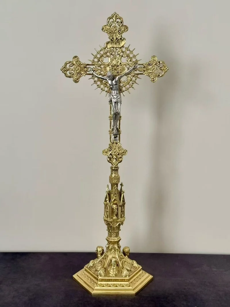 Brass Catholic Cross Crucifix Station With Saint Benedict Medallion INRI Engraving Jesus Statue Religious Prayer Church Supplies