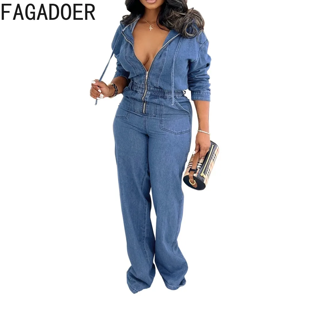 FAGADOER Streetwear Zippers Denim Bodycon Jumpsuits Fashion Ruched Long-sleeved Hooded Jean Rompers Y2K Women Commute Playsuits