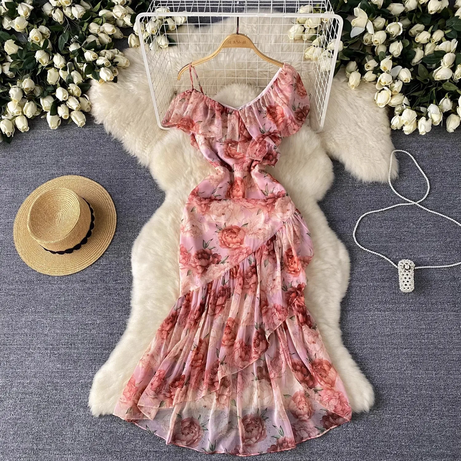 

Summer Party Ruffles Package Hip Fishtail Bodycon Dress Women One Off Shoulder Chiffon Lace Up Ruched Flower Print Midi Vestidos