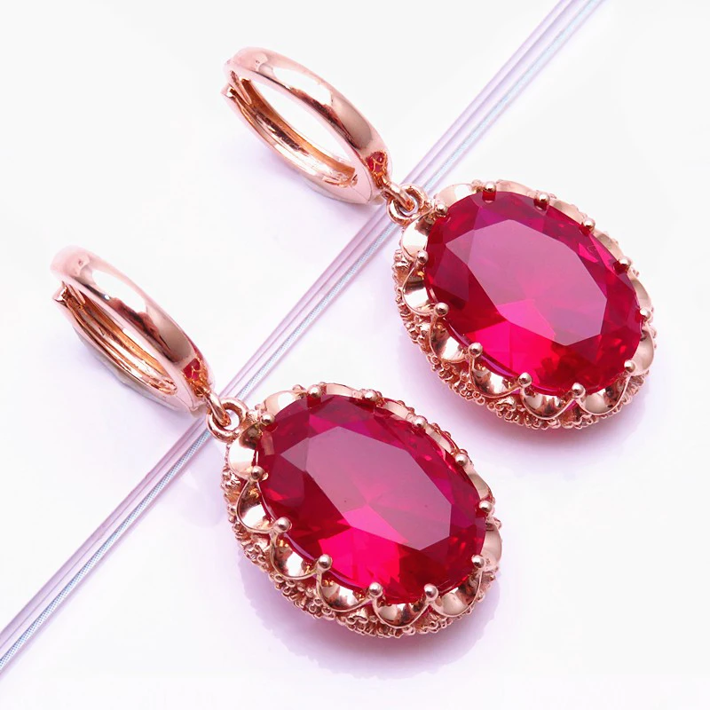 

585 Purple Gold Plated 14K Rose Gold Inlaid Oval Ruby Earrings for Women Classic Collection Glamour Luxury Engagement Jewelry