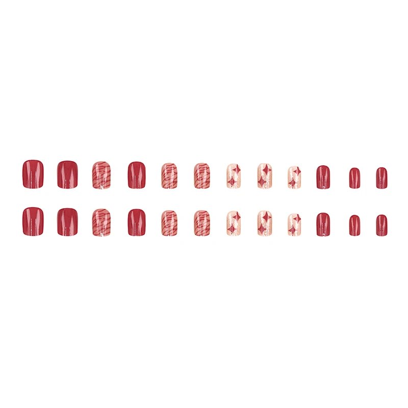 Faux ongles carrés courts à blocage de couleur rouge baie sauvage, avec adhésif gelée, couverture complète détachable, à pression, artificiels, 24 pièces
