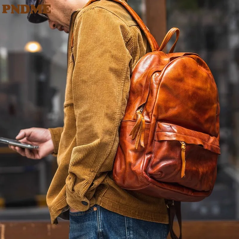 

PNDME Fashion Vintage High-quality Genuine Leather Men's Backpacks Outdoor Travel Designer Luxury Real Cowhide Laptop Bagpack