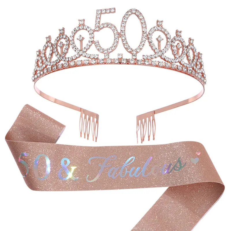 2pcs/Set Birthday Party Crown Sash 18 21 30 40 50 Crystal Crown Tiara Printing Etiquette Belt Decoration Suit Party Supplies