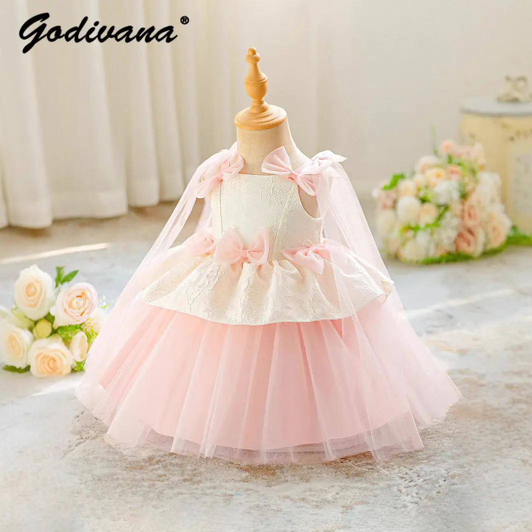 Sweet Baby Girls First Birthday Party Princess Dress Kids European and American High End Fashion Jacquard Mesh Wedding Ball Gown