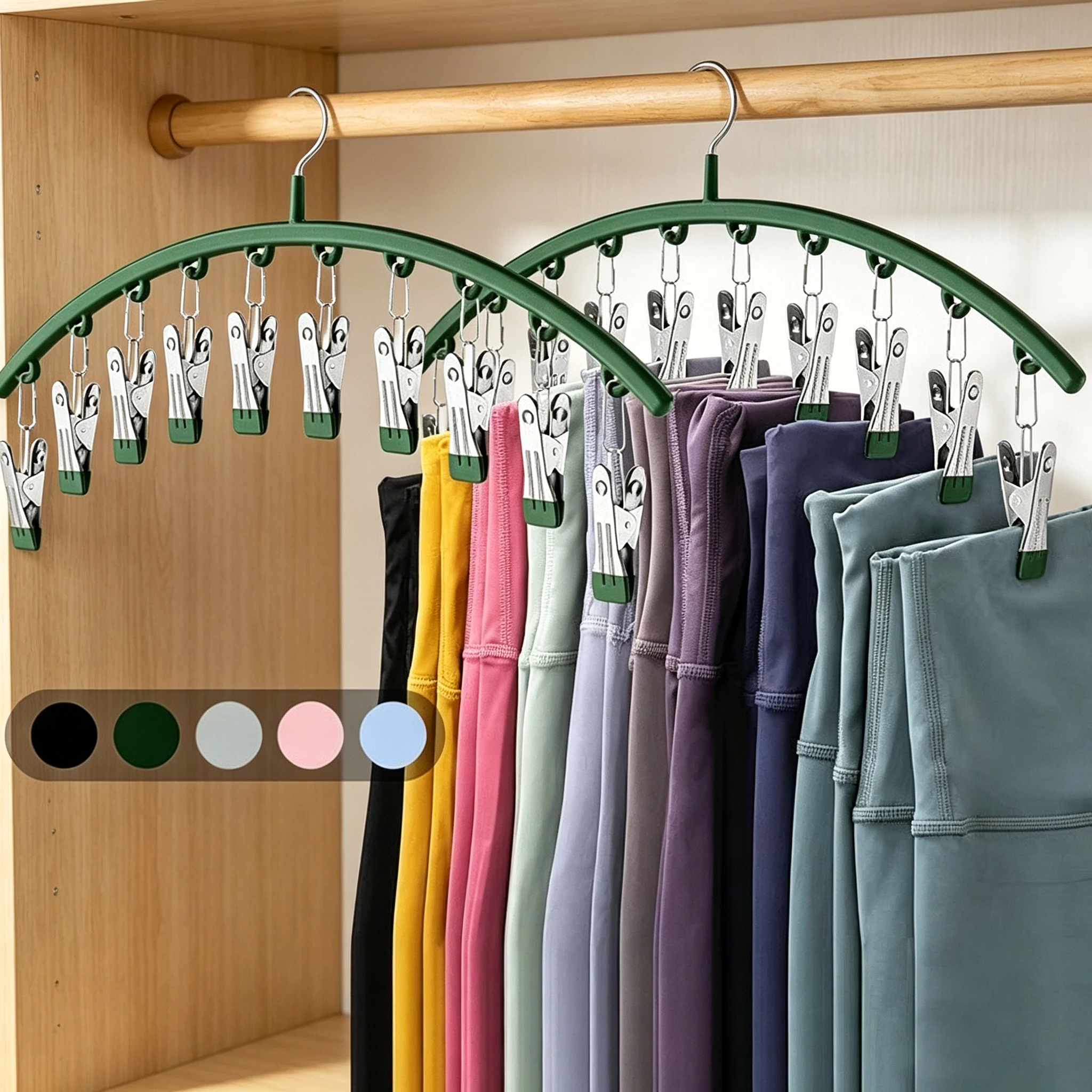 1PC Curved Multi Clip Pants Hanger, Metal Space Saving Yoga Leggings Hanger with 10 Clothespins, Closet Storage Organizer for Le