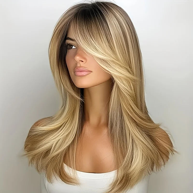 Elegant Brown Gradient Gold Hair Highlights Women's Wig with Bangs - Heat-Resistant Synthetic Straight Hair