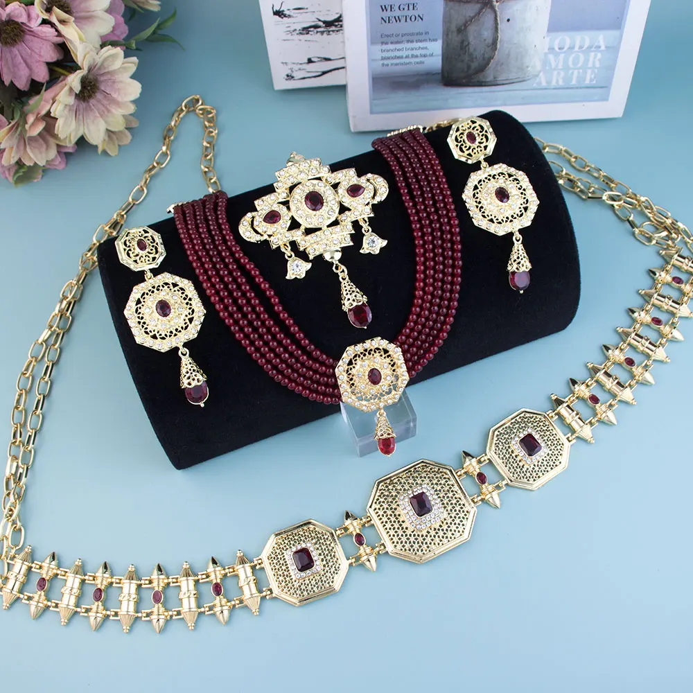 

Sunspicems Arabic Moroccan Bride Jewelry Set Women Kaftan Belt Waist Chain Bead Choker Necklace Long Drop Earring Crystal Brooch