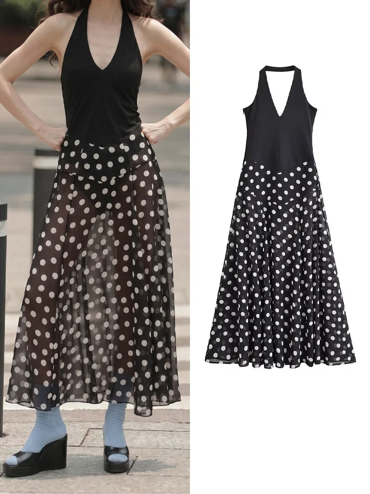 HH Women Sexy Translucent Polka Dot Long Dress Sleeveless Backless Halter Elegant Beach Dress 2026 Summer Fashion Street Wear