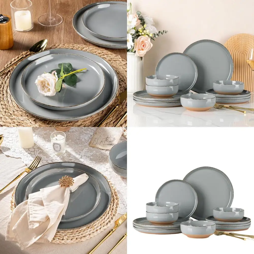 

Handcrafted 12-Piece Dinnerware Set: Rustic Stoneware Plates & Bowls with Terracotta Base, Dishwasher and Microwave Safe