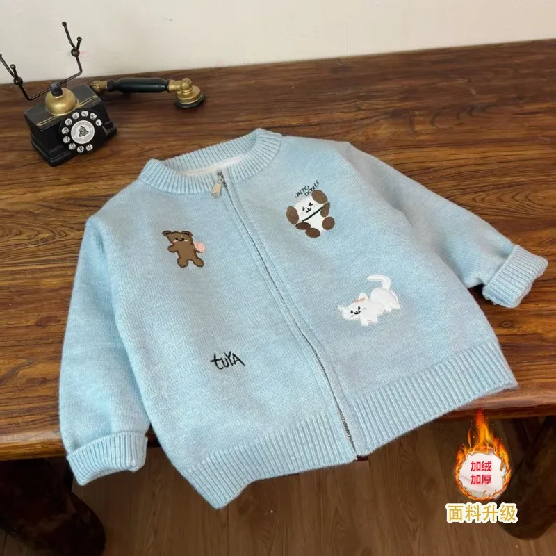 UNITIM Herbst Kinder Mädchen Reißverschluss-Pullover Mantel 2-8 Jahre Baby Mädchen Cartoon Stickerei Strickjacke Kinder Mädchen Blaue Strickwaren – Detail 1