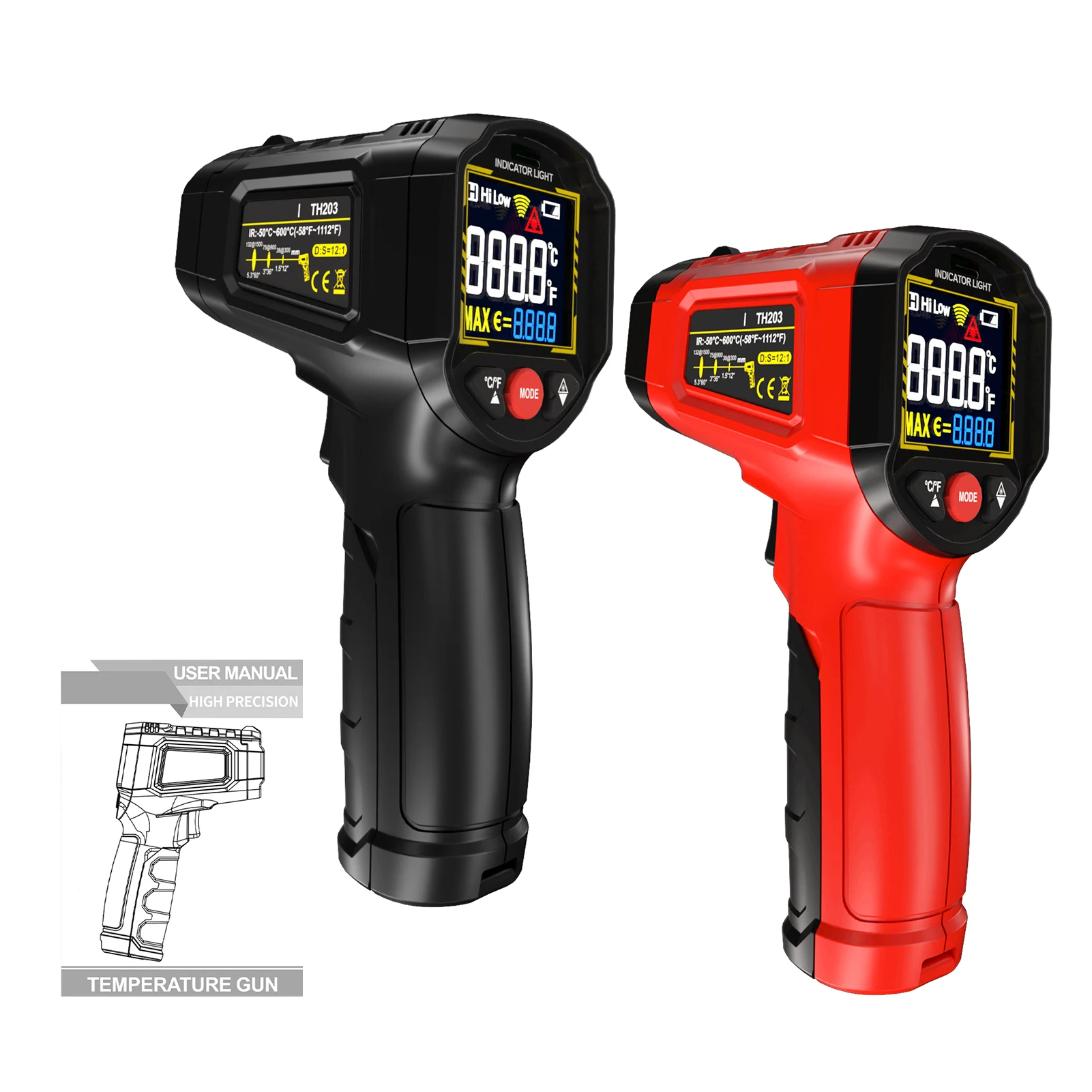 Infrared Thermometer Temperature Sensing Gun -50°C to 600°C with Adjustable Emissivity 12:1 D:S Ratio VA Reverse Color Display