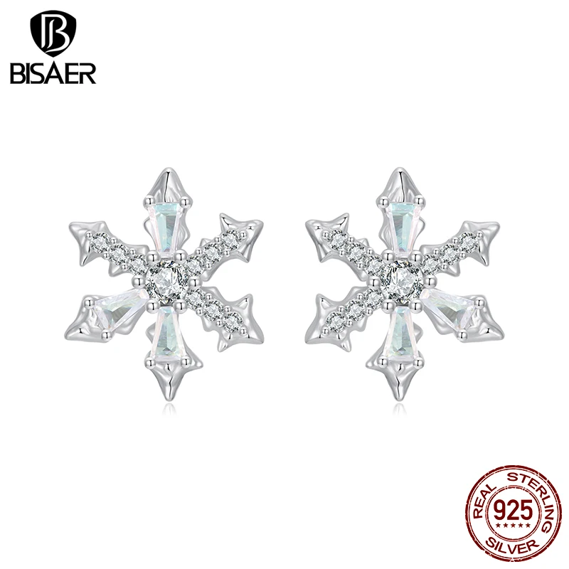 BISAER Real 925 Sterling Silver Ice Flower Stud Earrings Sparkling Zircon Stud Ear For Luxury Women Party Original Fine Jewelry