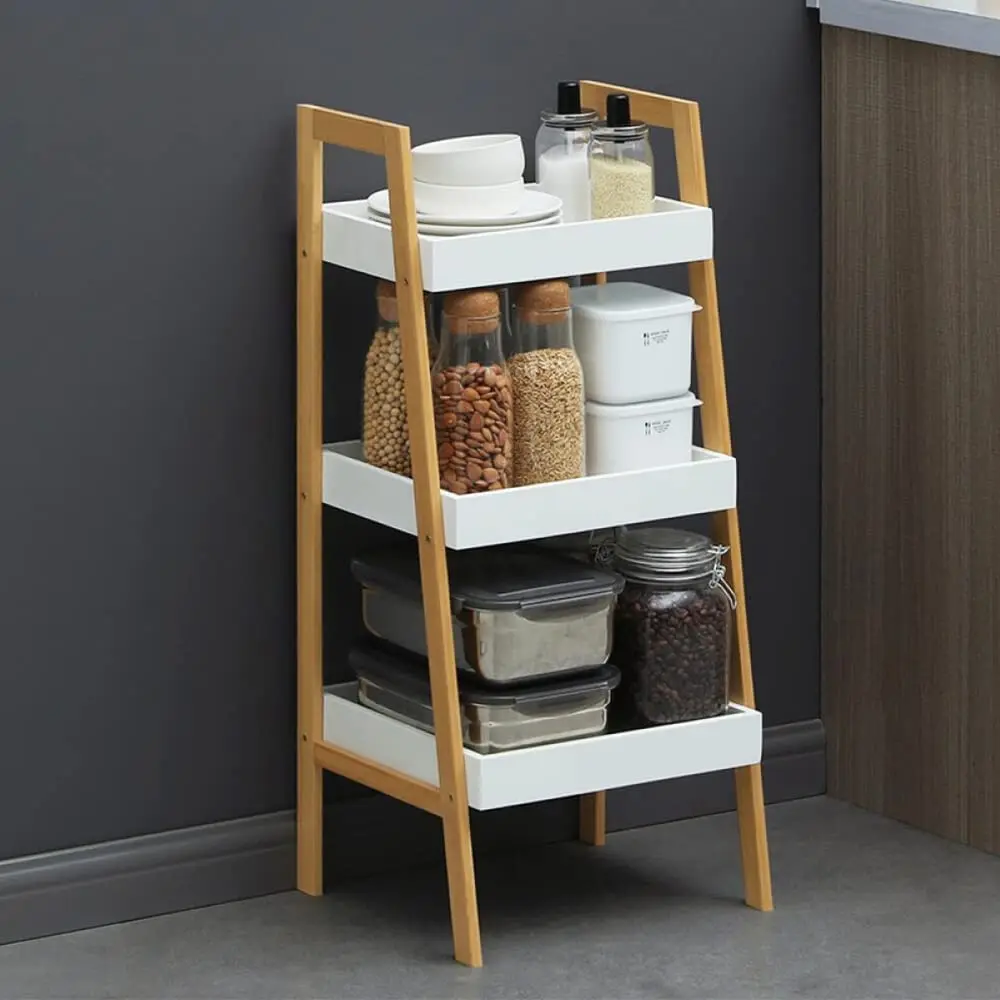 

Formwell Ladder Storage Shelves Unit, Bamboo Frame with MDF Tray Shelf, Free Standing Storage Rack