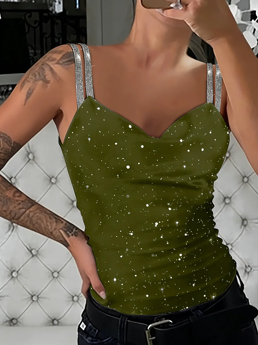 Damen-Tanktop mit Strassriemen und Raffung, figurbetontes Satin-Top, glamouröses Tanktop, schickes Frühlings- und Sommer-Tanktop, leichtes Alltagstop