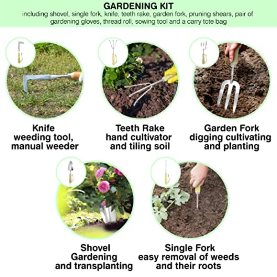 Zestaw narzędzi ogrodowych Premium ze stali nierdzewnej z solidnymi rączkami z drewna bukowego Kompletny zestaw narzędzi ogrodniczych, w tym grabie