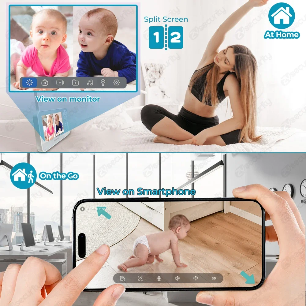 4.3" Split-Screen Baby Monitor with 2 Cameras 2K 3MP Wifi Baby Phone via Smart Phone APP PTZ Baby Camera Video Record & Playback