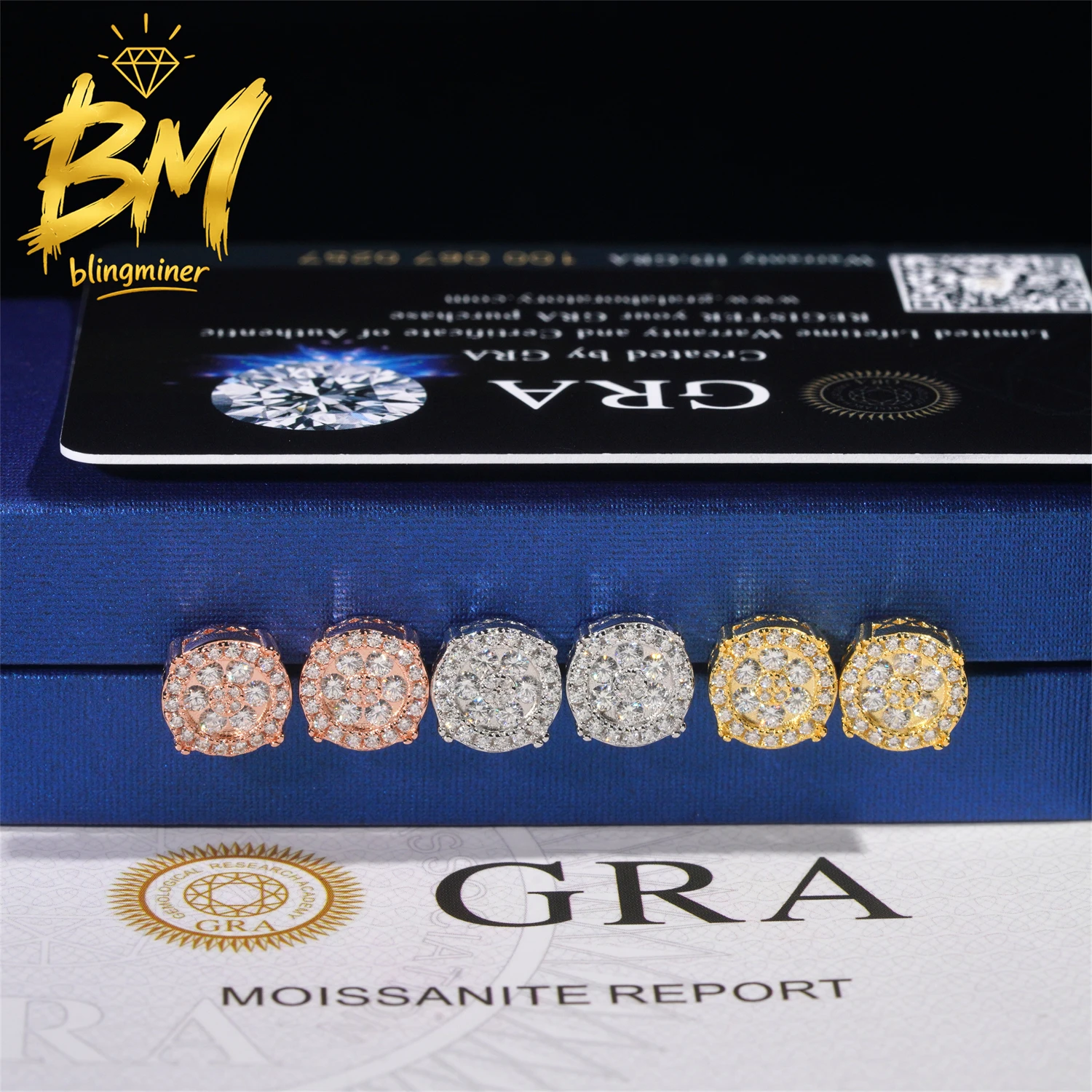 

Blingminer 9.6mm Round VVS Moissanite Earrings For Men Women S925 Silver Iced Out Ear Studs Pass Diamonds Tester Free Shipping