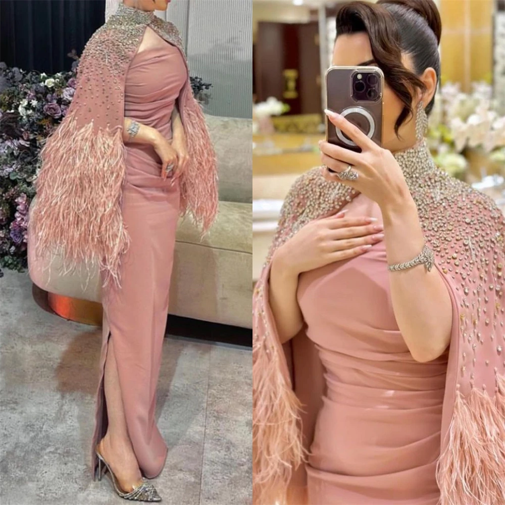 Customized es High Quality  Collar Sheath Cocktail Sequin Feathers S Occasion Evening Gown vestido formatura	فستان