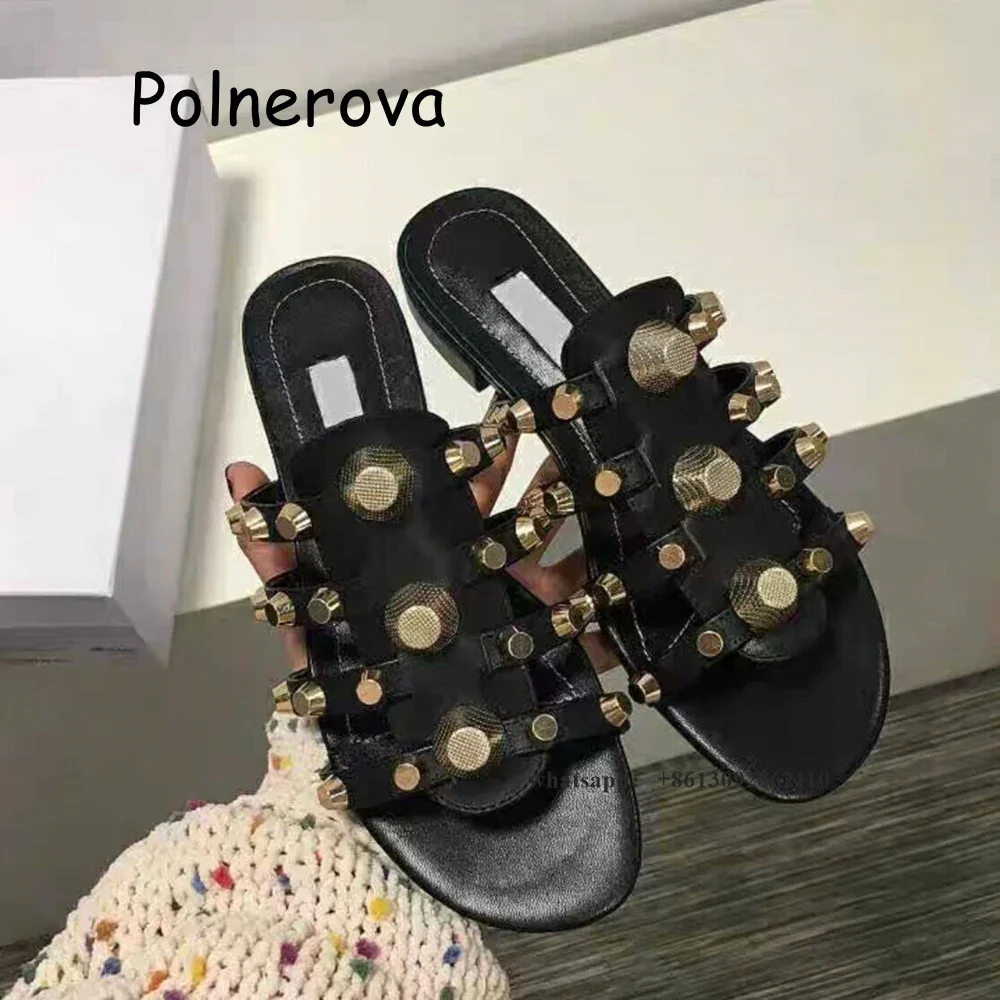 

Solid Round Toe Slippers Metal Rivet Flat With Women's Shoes Summer Casual Beach Occidental Style Ladies Large Size Slippers