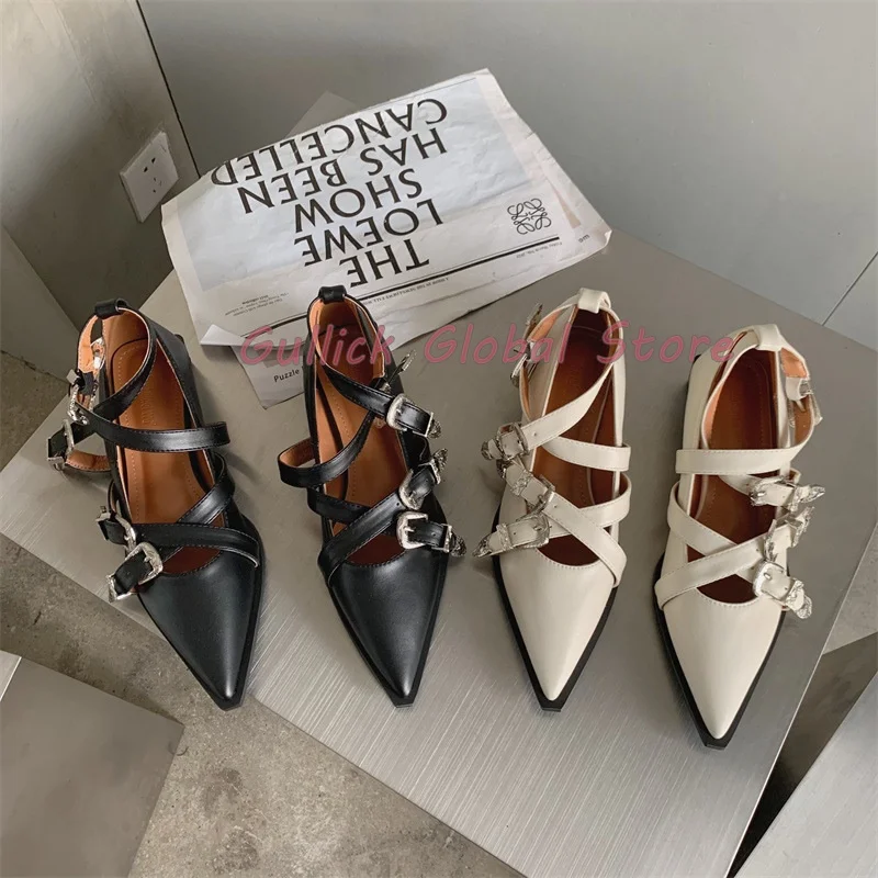 2024 New Arrival PU Pointed Toe Shallow Cross Band Square Heel Pumps Summer Casual Punk Cool Women Shoes Breathable Fashionable