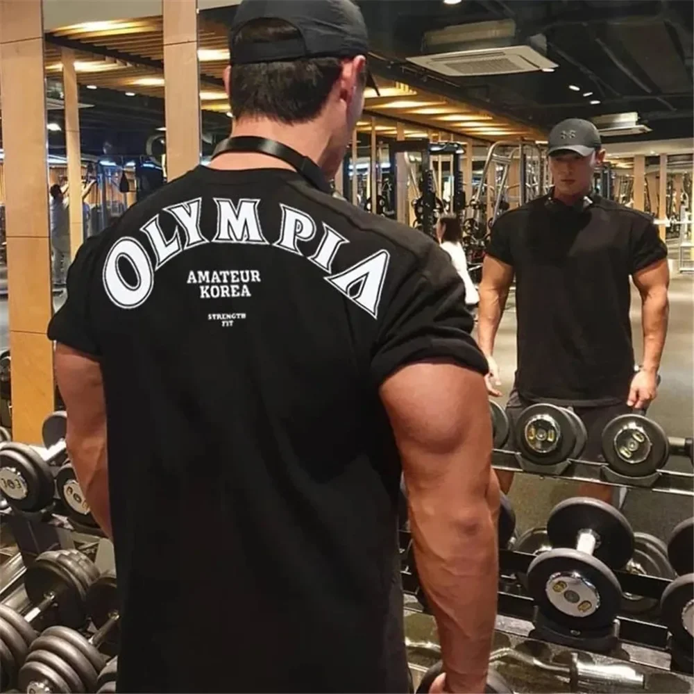 OLYMPIA Printed Men T Shirt Cotton Gym Sports Tops Short Sleeve Running Shirt Workout Training Tees Fitness Loose Oversize Tops