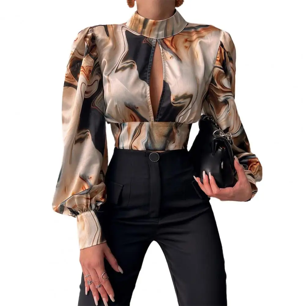 Printing Women Blouse Pullover Loose Satin Chiffon Hollow Backless Lantern Long Sleeve Lady Shirt Top