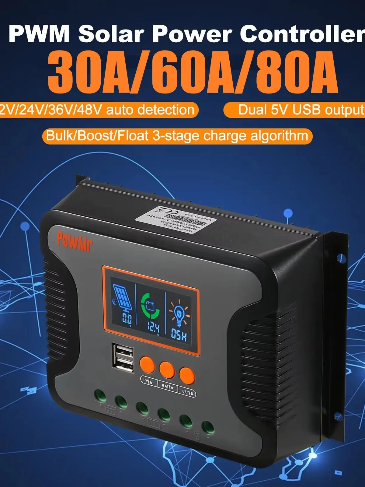 PowMr PWM Solar-Laderegler 30A 60A 80A Pstar Serie 12/24/36/48V Auto mit PV-Max-Eingang 100V 3-Stufen-Ladung unterstützt LiFePO4 Gel- und Blei-Säure-Batterien für netzunabhängige Solaranlagen zu Hause