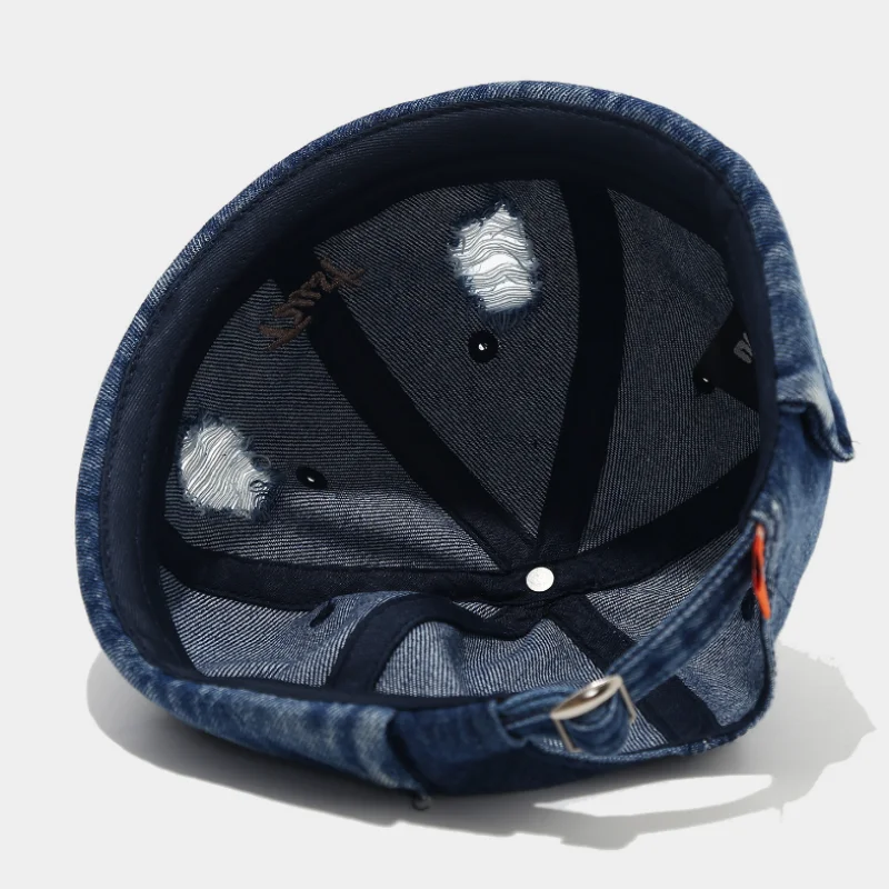 American Vintage Broken Holes Melon Skin Hat Men Women Washed Denim Brimless Dome Caps Trust Embroidery Landlord Hats Beanies
