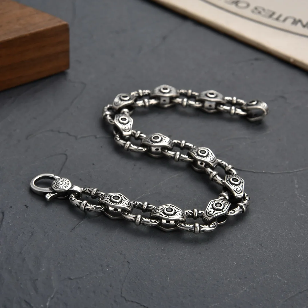 Pulsera Vintage de plata S925 para hombre y mujer, cadena con hebilla de ojos de diablo, joyería popular para fiesta, regalo de la suerte