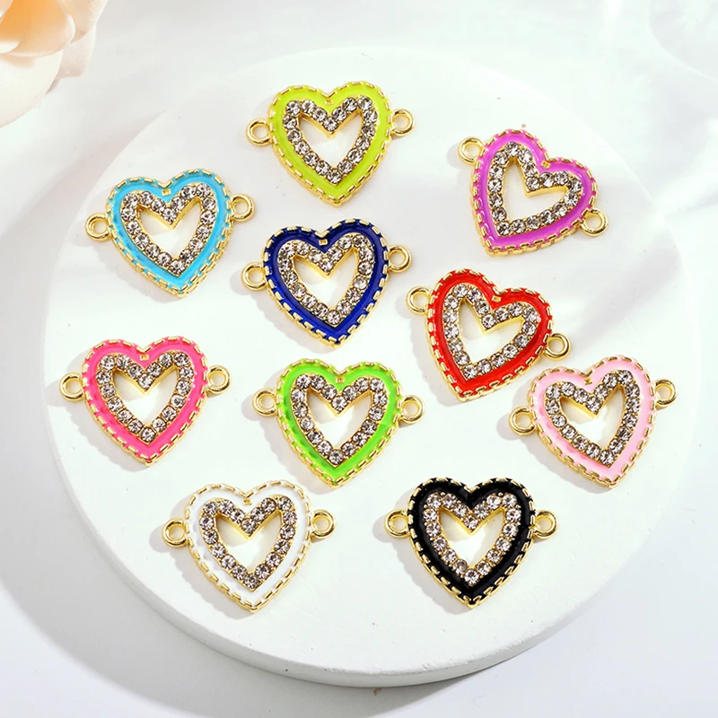 10Pcs Cute Love Heart Charm Rhinestone Enamel Pendant Jewelry Connector for Women\'s Handmade DIY Earrings Necklaces Accessories