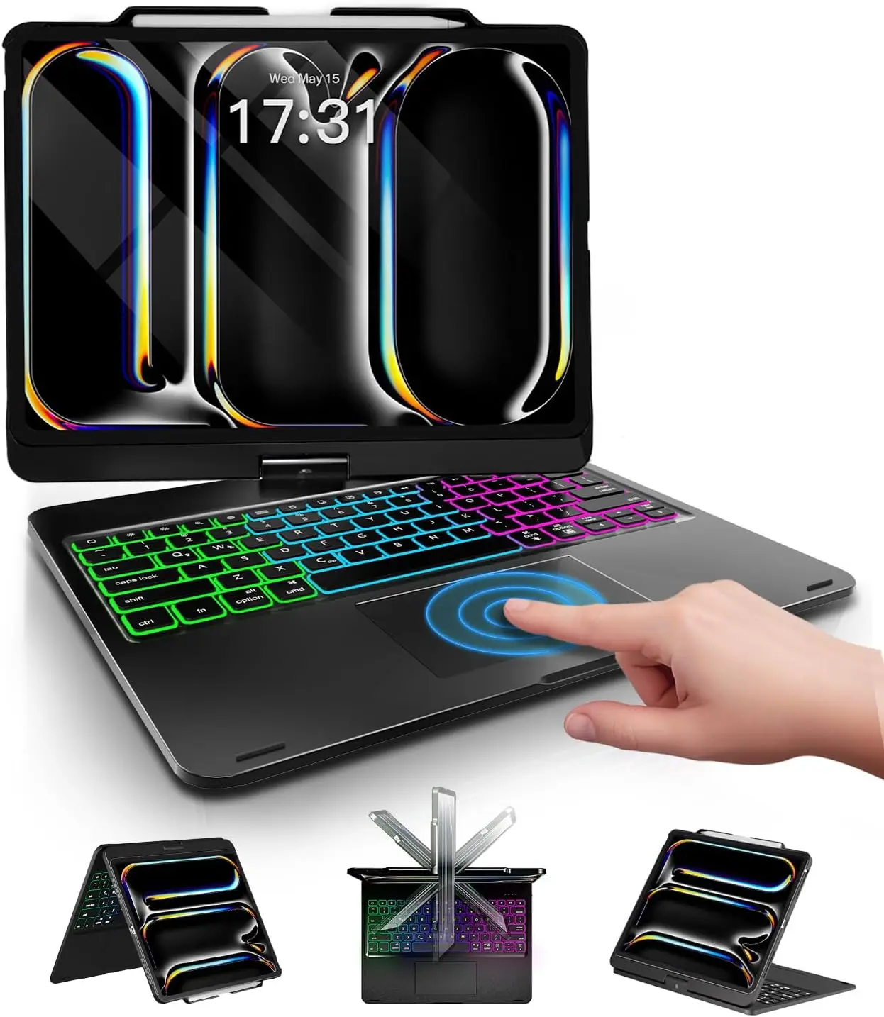 

360° Rotatable Trackpad Keyboard Case for iPad Pro 13 inch & Air, Rainbow Backlit with Pencil Holder - Black